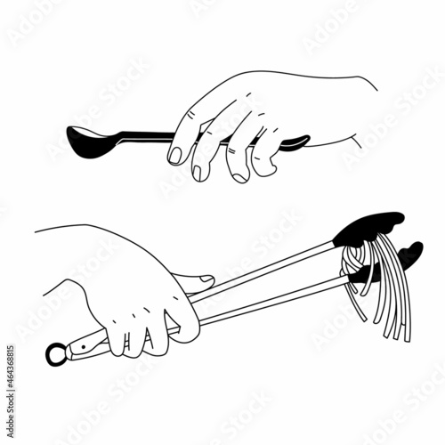 Vector linear simple doodle illustration with hands holding kitchen utensils and cooking food. Kitchen tongs and a spoon are depicted. Cooking concept. You can use elements in web design, banners, etc