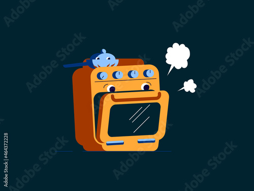 Cooker character concept. Isolated cartoon oven with clouds. Vector flat illustration. Sutiable illustration for advertising.