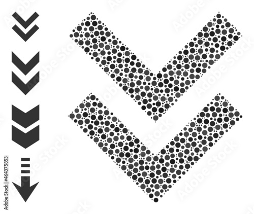 Round dot composition shift down. Vector mosaic is based on shift down icon, and composed of random round parts. Vector icon of shift down designed of irregular round elements.