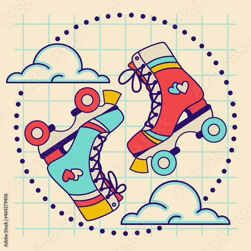 Retro style vector illustration with rainbow rollers rolling in the sky. Funky vintage concept for tee print design, square social media post 