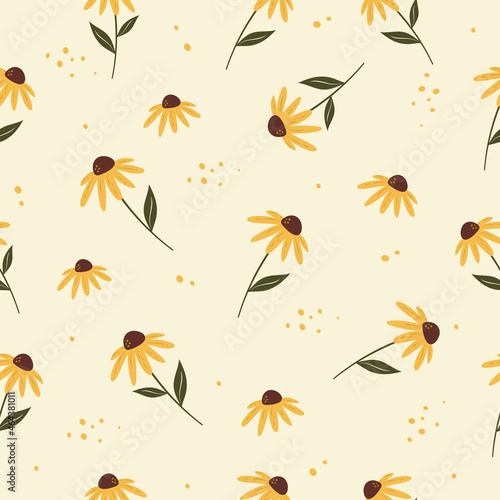 Sunflower seamless pattern. Yellow daisy on off light yellow background. Perfect ornament for fashion fabric or other printable covers.