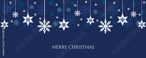 Xmas banner with snowflakes hanging. Vector design of winter holidays on blue background. Merry Christmas greeting card.