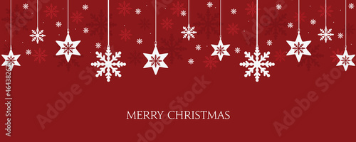  Christmas banner with snowflakes hanging. Vector design of winter holidays on red background. Merry Christmas greeting card.