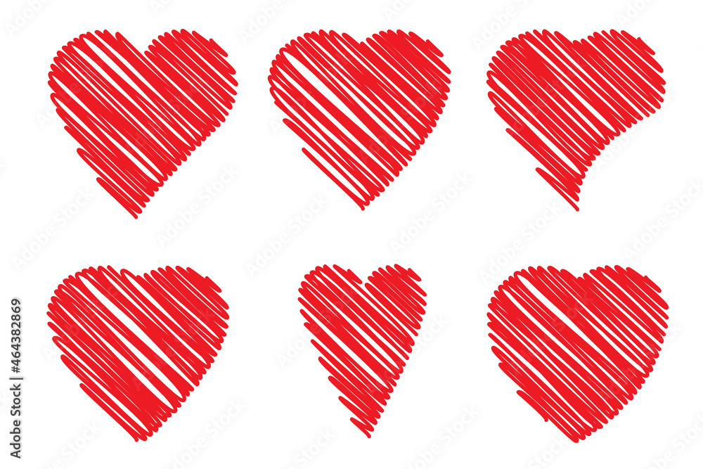 Marker red heart icons set. Felt pen drawing. Romantic background. Love symbol. Vector illustration. Stock image. 