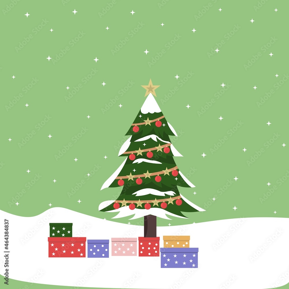 Decorate the Christmas tree with gift boxes, stars, decoration balls. Illustration snowfall. Merry Christmas and Happy New Year. Flat style vector illustration