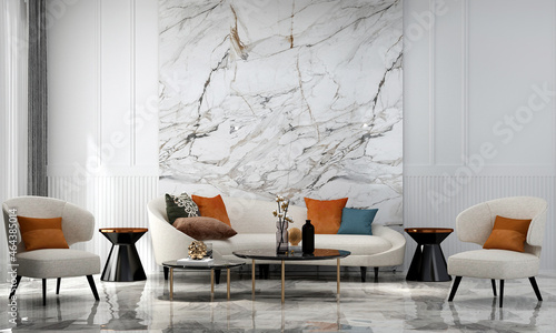 Fototapeta Naklejka Na Ścianę i Meble -  Modern luxury living room interior and decoration mock up furniture and white marble wall pattern background 