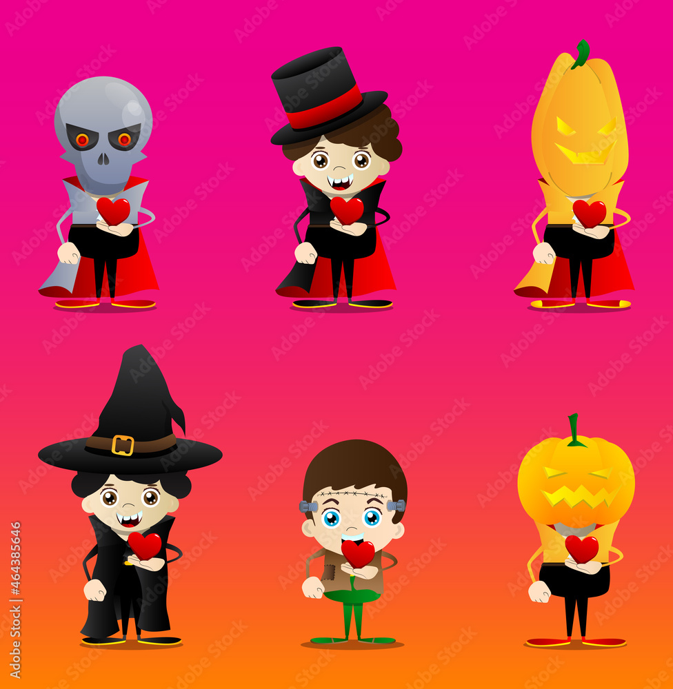 Kids dressed for Halloween holding red heart in his hand. Vector cartoon character illustration of kids ready to Trick or Treat. Kids dressed for Halloween holding red heart in his hand. Vector cartoon character illustration of kids ready to Trick or Treat.
