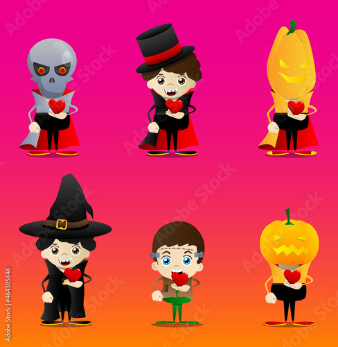 Kids dressed for Halloween holding red heart in his hand. Vector cartoon character illustration of kids ready to Trick or Treat.