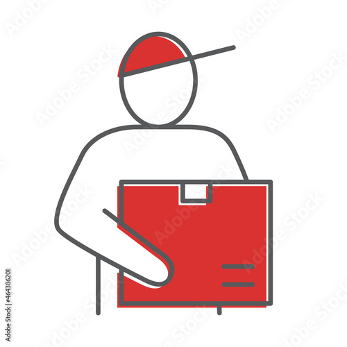 Delivery man with red box. Courier icon. Flat outline design for apps and websites.