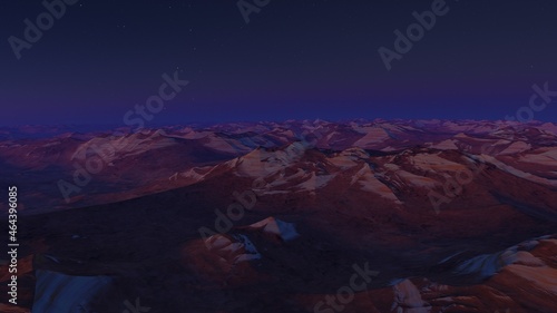 Exoplanet fantastic landscape. Beautiful views of the mountains and sky with unexplored planets. 3D illustration