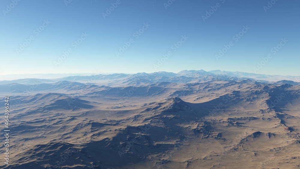 Exoplanet fantastic landscape. Beautiful views of the mountains and sky with unexplored planets. 3D illustration