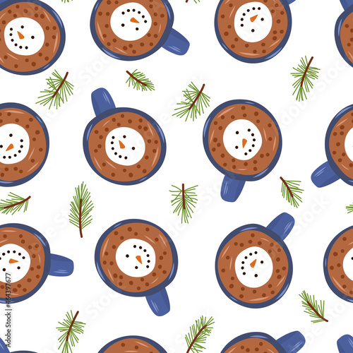 Christmas seamless pattern with cup of cocoa and snowman marshmallow on white background.