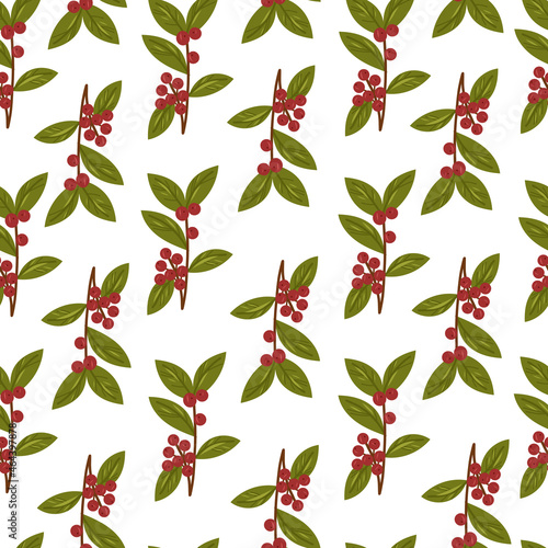Christmas seamless pattern with red berries and leaves on white background.