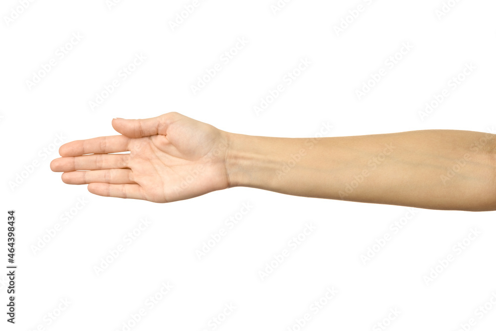 Giving hand for handshake. Woman hand gesturing isolated on white Giving hand for handshake. Woman hand gesturing isolated on white