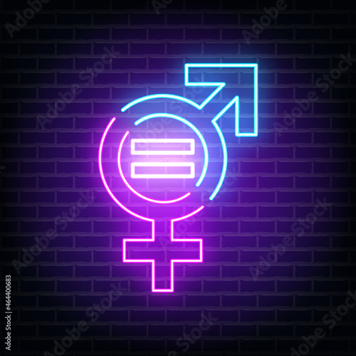Gender equality sign. Neon light style on brick wall background. Equity parity sign men and women.  Rights gender equality symbol. Discrimination. Vector illustration.