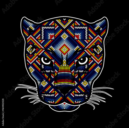 vector illustration of colorful beaded wild cat head which could be a jaguar, cougar, leopard, etc.  Inspired in mexican huichol art. Isolated on black background.