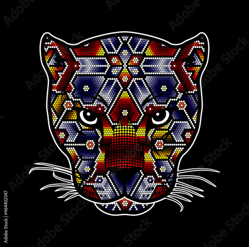 vector illustration of colorful beaded wild cat head which could be a jaguar, cougar, leopard, etc.  Inspired in mexican huichol art. Isolated on black background.