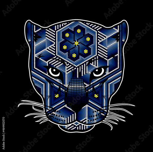 vector illustration of colorful beaded wild cat head which could be a jaguar, cougar, leopard, etc. Inspired in mexican huichol art. Isolated on black background.