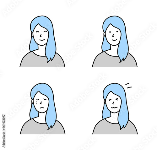 髪の長い女性の色々な表情イラスト