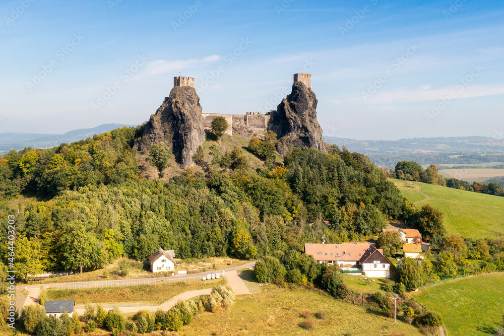landscape with gothic ruins of Trosky casle, Czech paradise, Czech republic