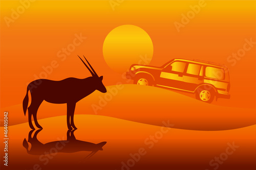 SUV car and desert goat silhouette with desert sunset background vector illustration