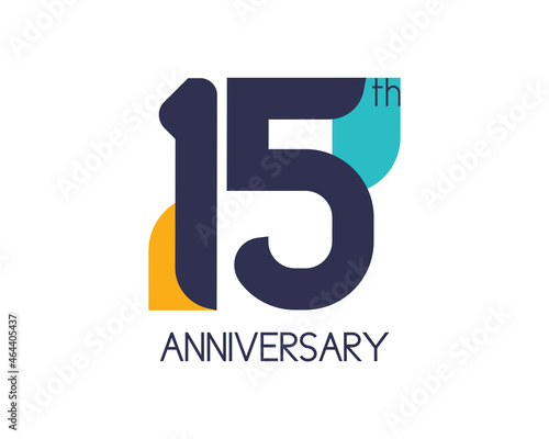 15th anniversary geometric logo. Overlap shapes for birthday design. Minimalist fifteen year celebration