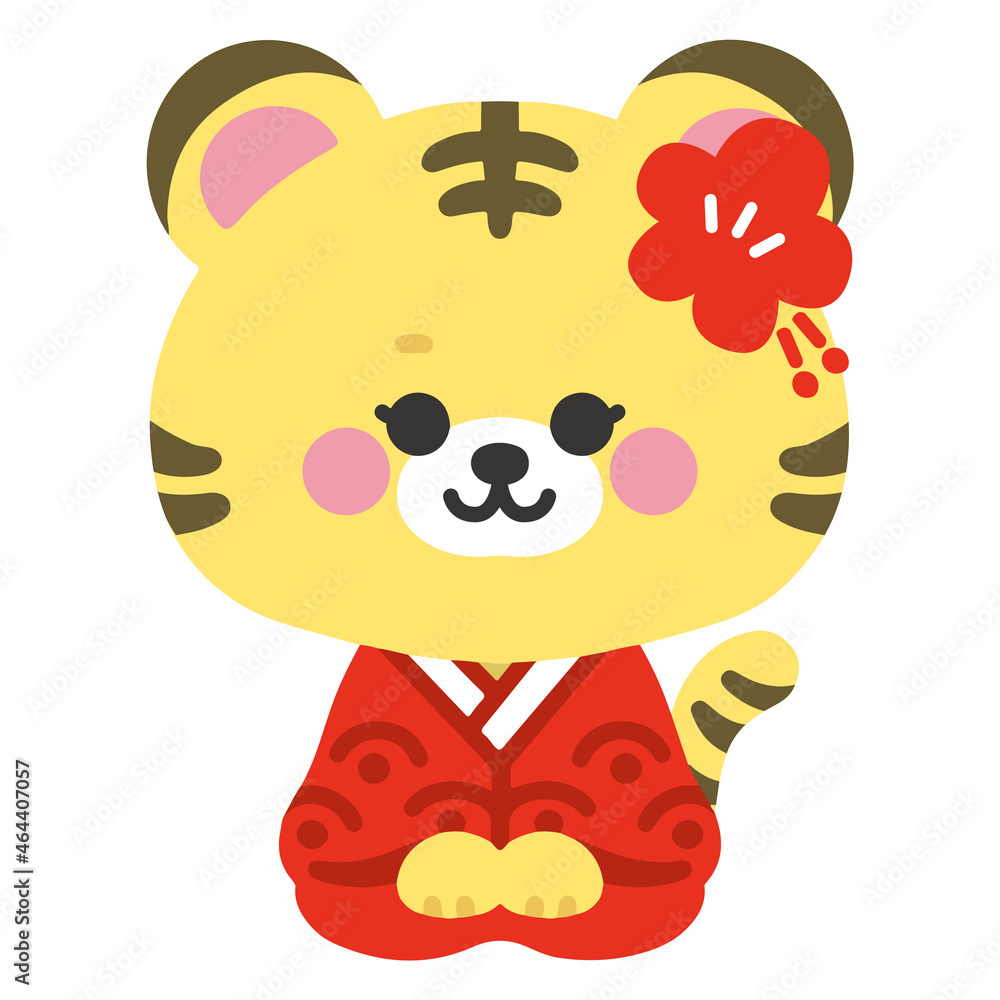Naklejka premium 寅年 着物で正座するかわいいトラの女の子 ベクターイラスト 正月