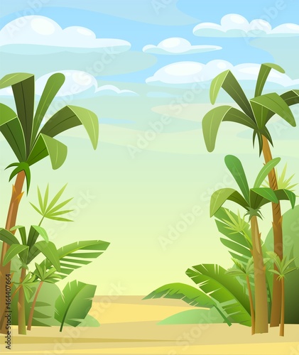 Palm trees in tropical forest. Jungle leaves. Beautiful summer landscape. Vertical composition. Vector.