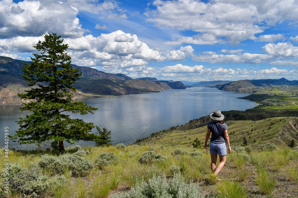 Woman standing at the viewpoint at Kamloops Lake at the mouth of Thompson River near Savona, British Columbia, Canada. Sunny day day with clouds