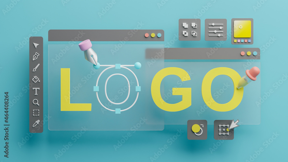 Graphic designer creative creator design logo artwork curve pen tool illustration equipment icons digital computer display workspace. Graphic design software. 3d rendering. Graphic designer creative creator design logo artwork curve pen tool illustration equipment icons digital computer display workspace. Graphic design software. 3d rendering.