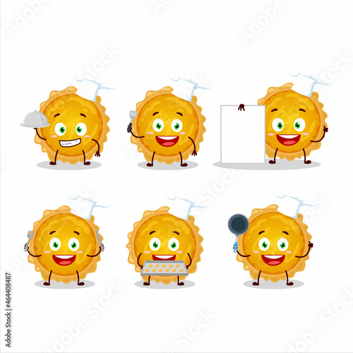 Cartoon character of egg tart with various chef emoticons