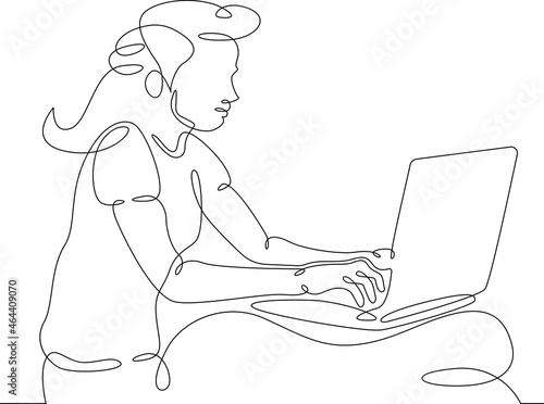 One continuous line.The child plays at the laptop. A teenager sits on the Internet. The kid uses a gadget.One continuous drawing line logo isolated minimal illustration.