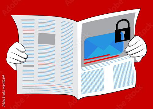Business Newspaper with Sending encrypted E-Mail protection blue secure mail internet symbol as headline. Vector cartoon illustration.