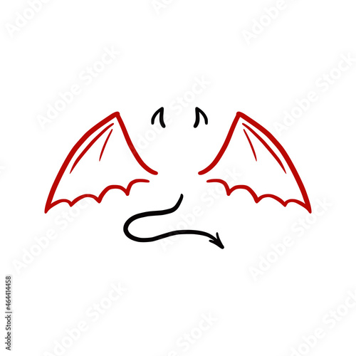 Devil stylized vector illustration. Devil with wing and tail. Hand drawn line sketch style.