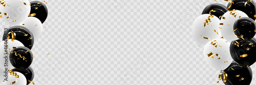 Balloon border with shiny gold glitter and star confetti isolated on transparent background.