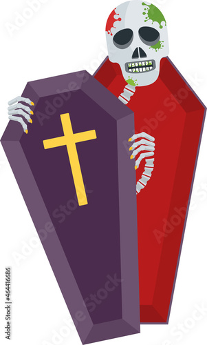 Zombie sceleton climbs out of the coffin.