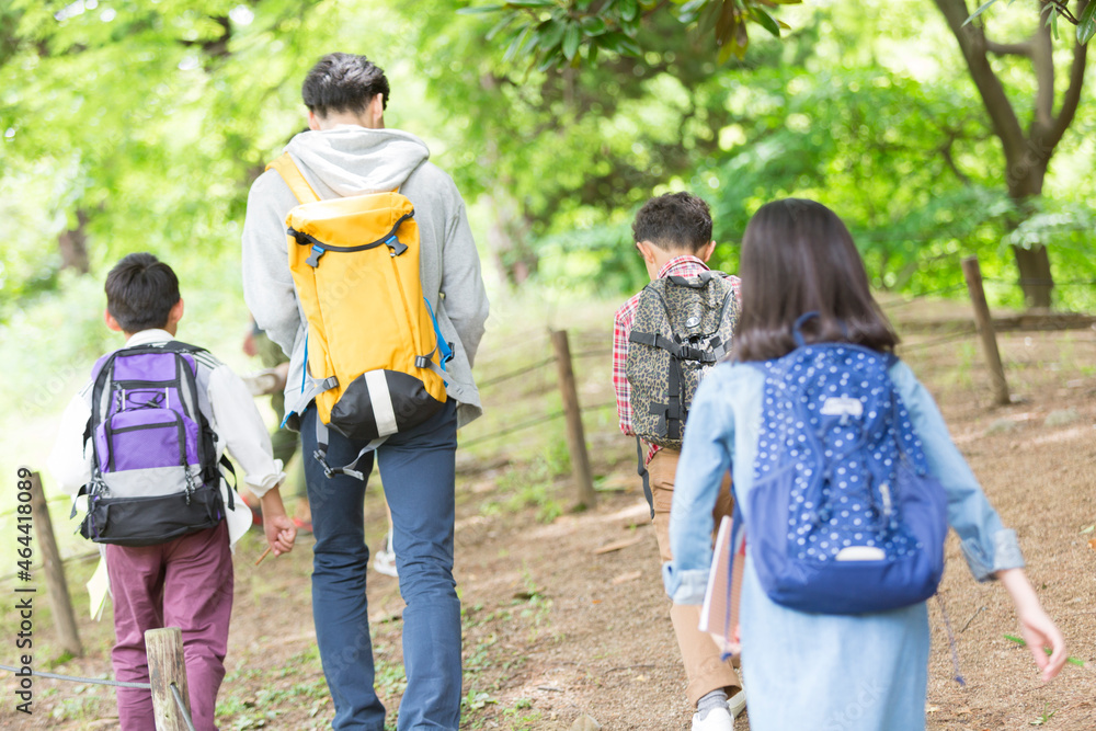課外学習中の小学生と先生の後姿 課外学習中の小学生と先生の後姿