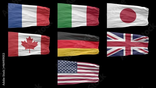 G7 (Group of Seven) countries national flags waving seamless looped with luma matte on a black background, slow motion.