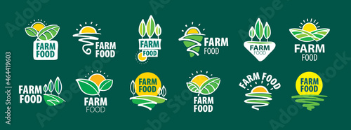 A set of vector Farm food logos on a green background