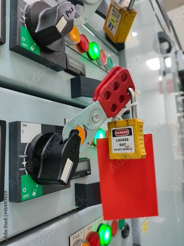 Lockout Tagout , Electrical safety system.Key lock switch or circuit breaker for safety protect.in electric room photo