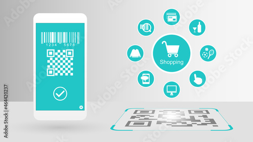 Smartphone payment QR code or Barcode scanning. Cashless society concept.