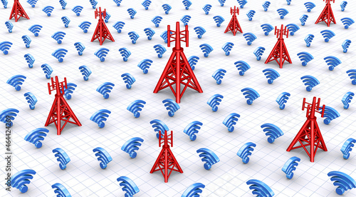携帯電話基地局とWi-Fiの繋がり、Wi-Fiネットワークの構成図、モバイル通信ネットワークのイメージ photo