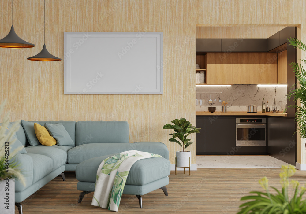 Fototapeta premium 3D Mockup photo frame in Modern interior of kitchen