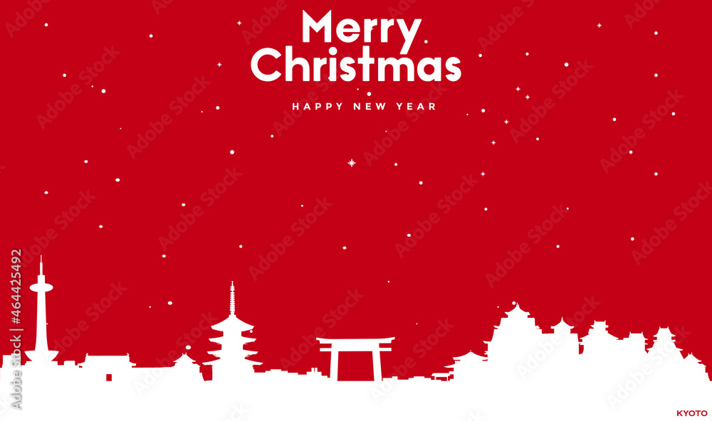 Naklejka premium Christmas and new year red greeting card with white cityscape of Kyoto