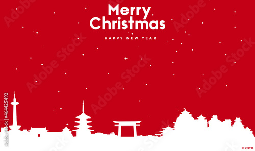 Christmas and new year red greeting card with white cityscape of Kyoto