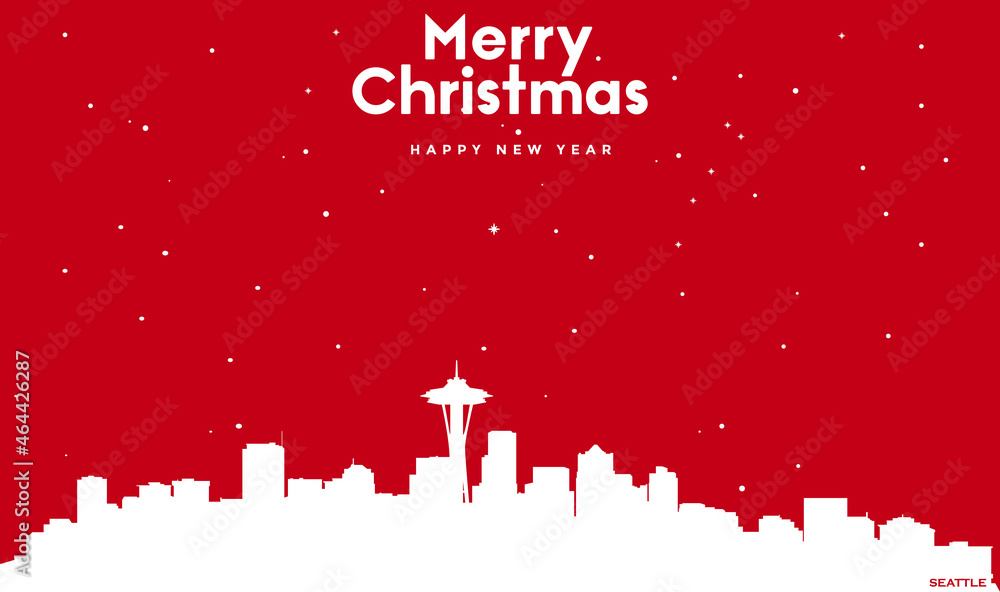 Christmas and new year red greeting card with white cityscape of Seattle Christmas and new year red greeting card with white cityscape of Seattle
