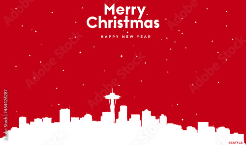 Christmas and new year red greeting card with white cityscape of Seattle
