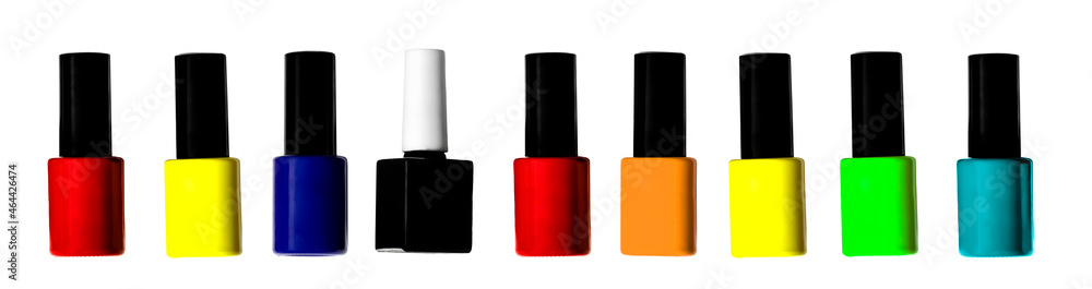 Obraz premium Group of bright bottle gel nail polishes isolated on white background. Concept of nail art. Bottles of nail polish on white background.