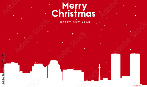 Christmas and new year red greeting card with white cityscape of Tijuana
