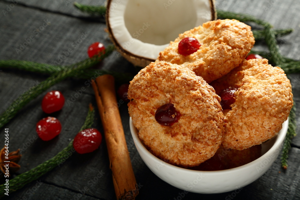 Oven fresh coconut cookies, homemade sweets background. Oven fresh coconut cookies, homemade sweets background.